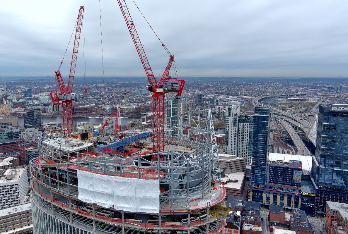 Potain MR 415 and MR 418 A tower cranes during building of skyscraper in Boston