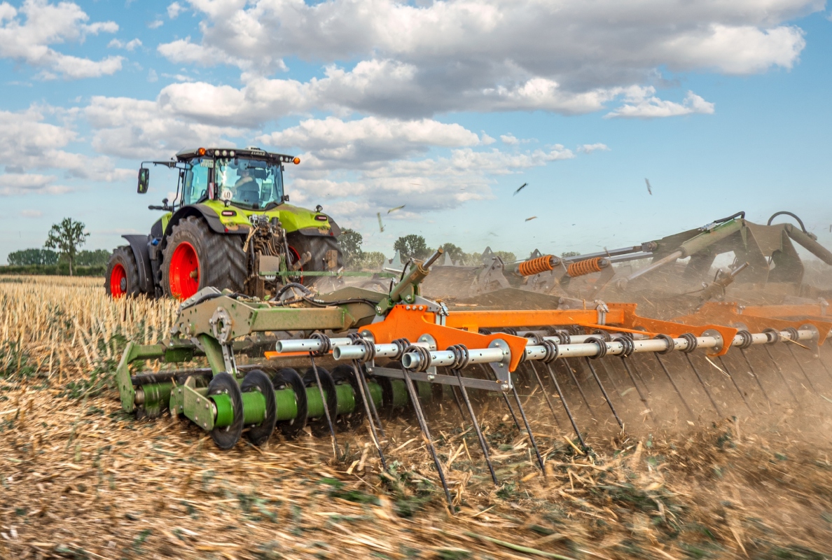 The rape stubble is intensively shredded by the 3 rows of tools and the volunteer rape is mixed with soil right on the surface.