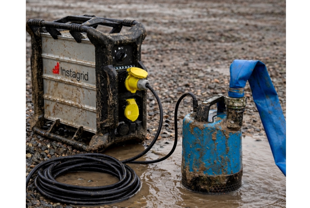 Tsurumi LB480 dewatering pump with Instagrid battery: extremely flexible and just as powerful as when connected to the mains.