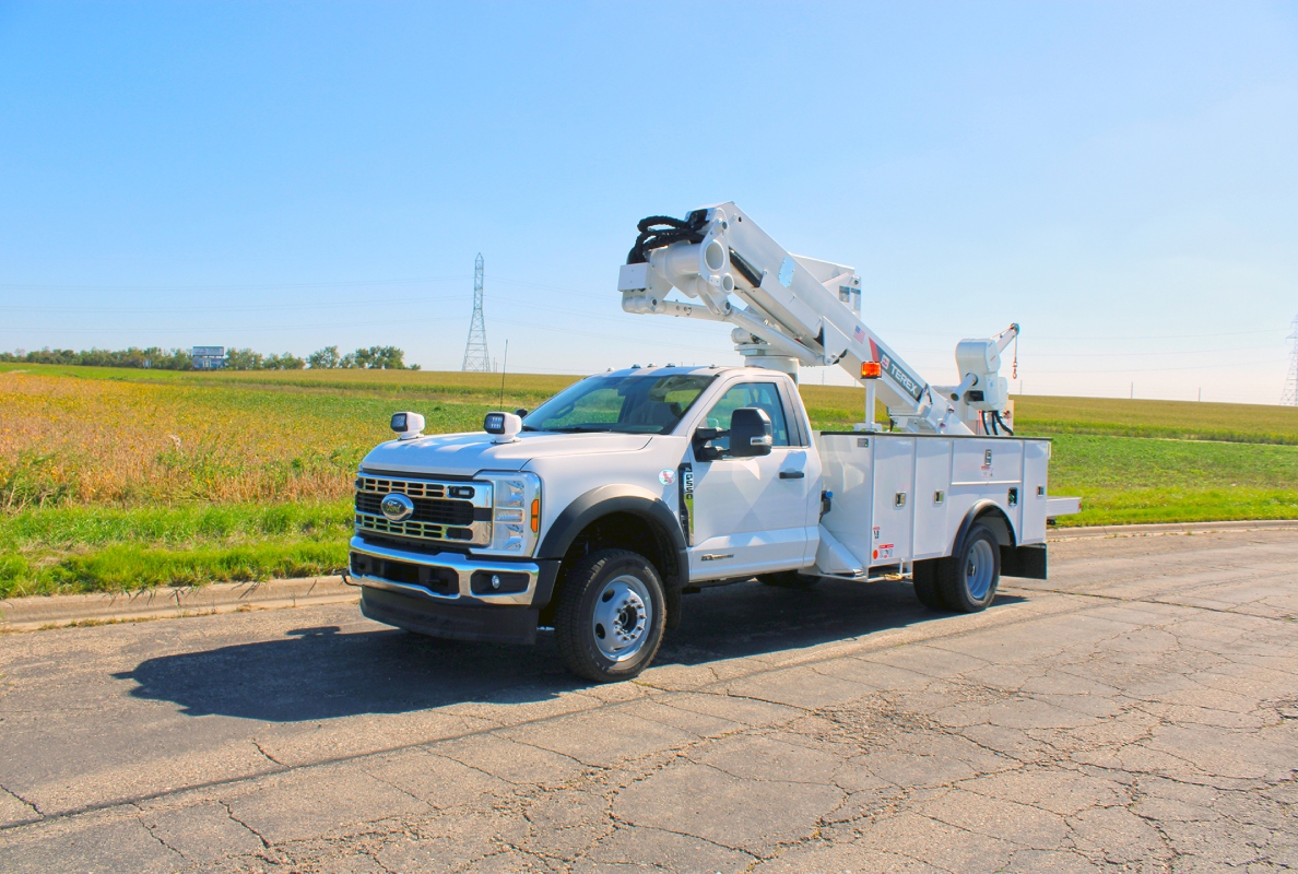 The new Terex TRX Series of aerial devices balances a lightweight boom with heavy-duty performance. Pictured is the new TRX41 with a working height of 46 feet and a platform capacity of 500 pounds.