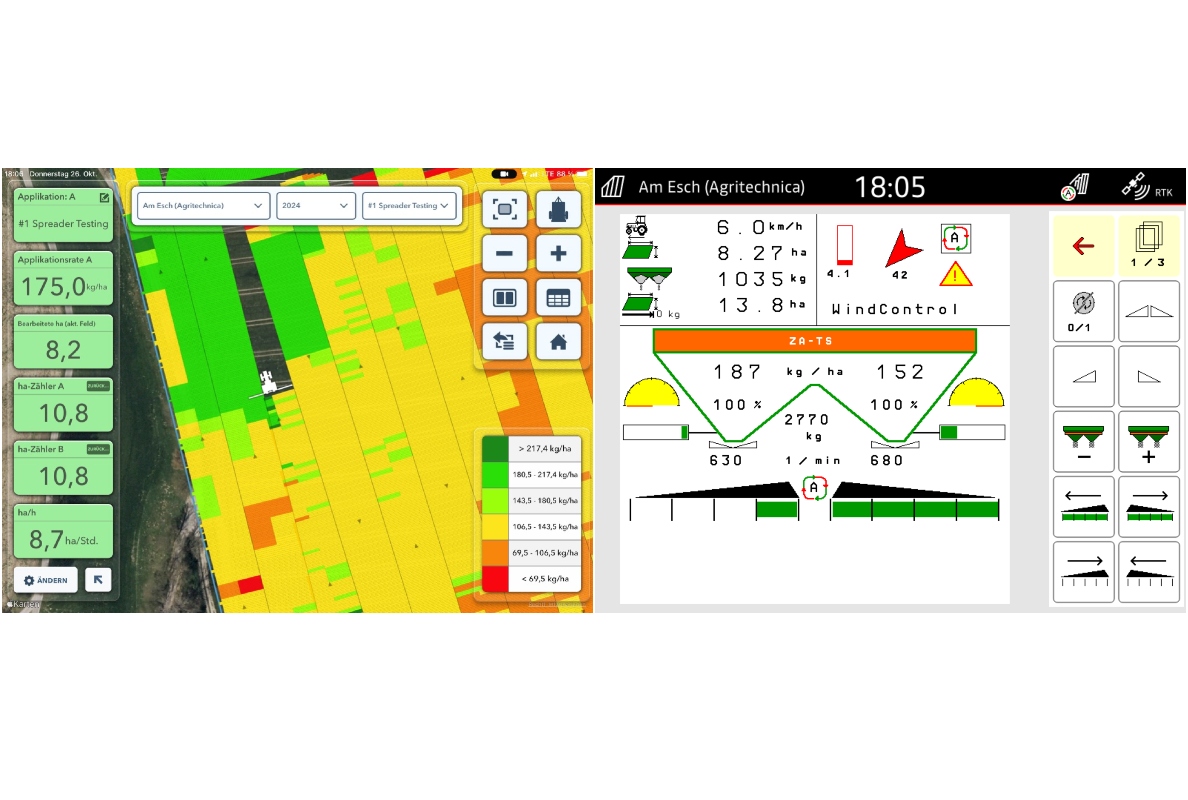 FieldView Cab App visualizing rate per side (left) as applied by the Amazone ZA-TS and shown on the AmaTron4 (right)
