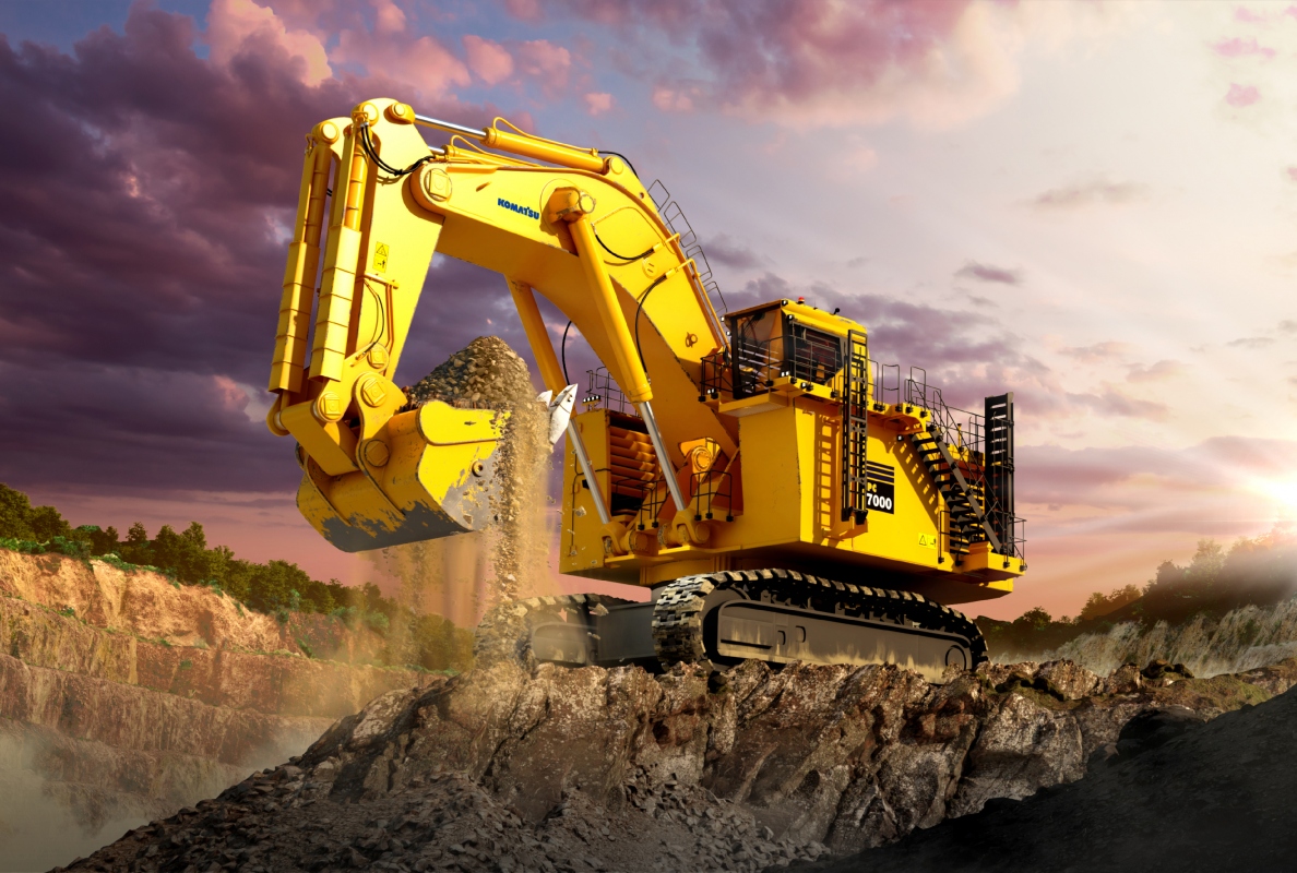 Komatsu presents the electrically powered PC7000-11E large hydraulic excavator in backhoe configuration at bauma 2025