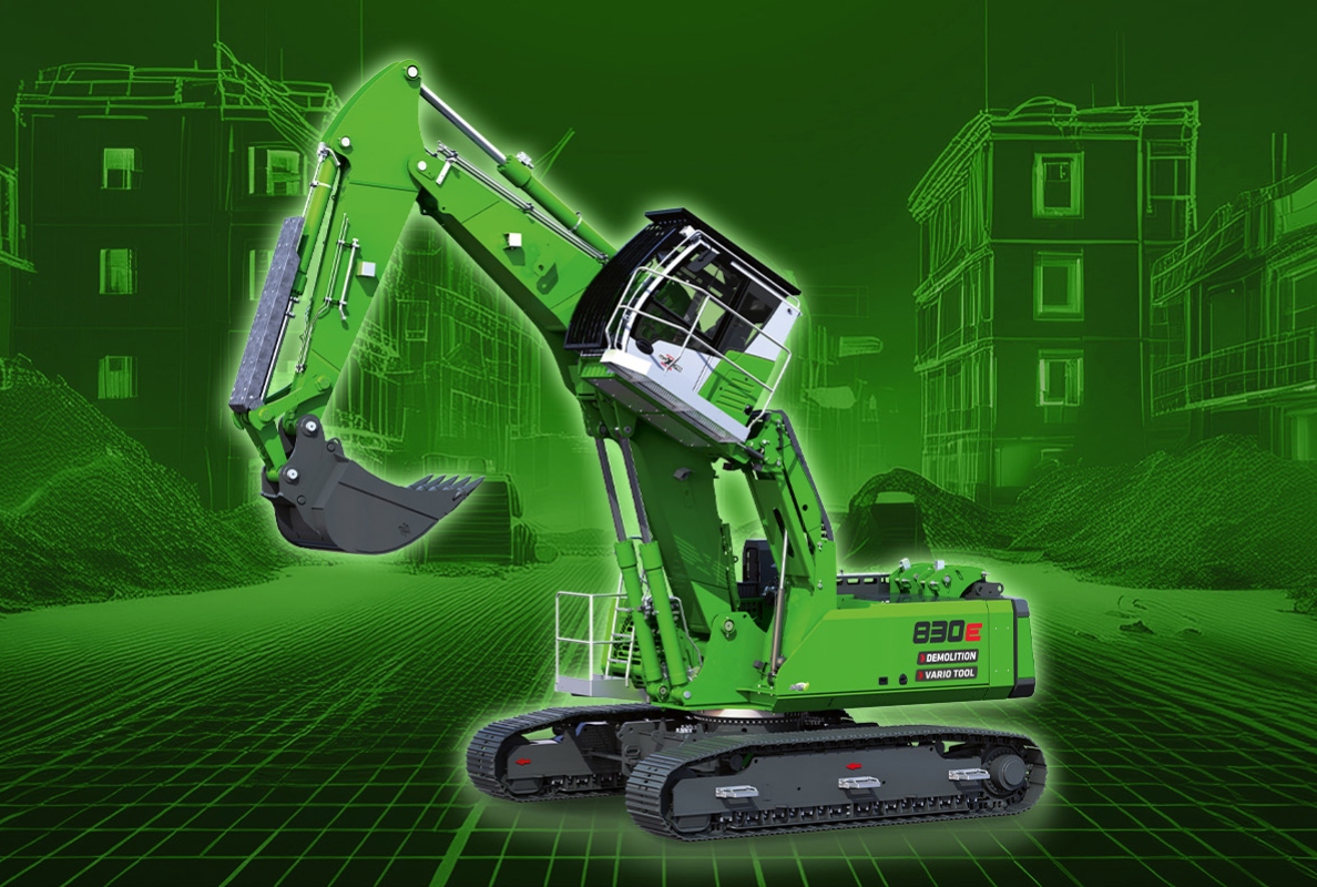 The SENNEBOGEN demolition machine 830 E Demolition Vario Tool is presented at bauma with the new digging boom and a digging bucket.