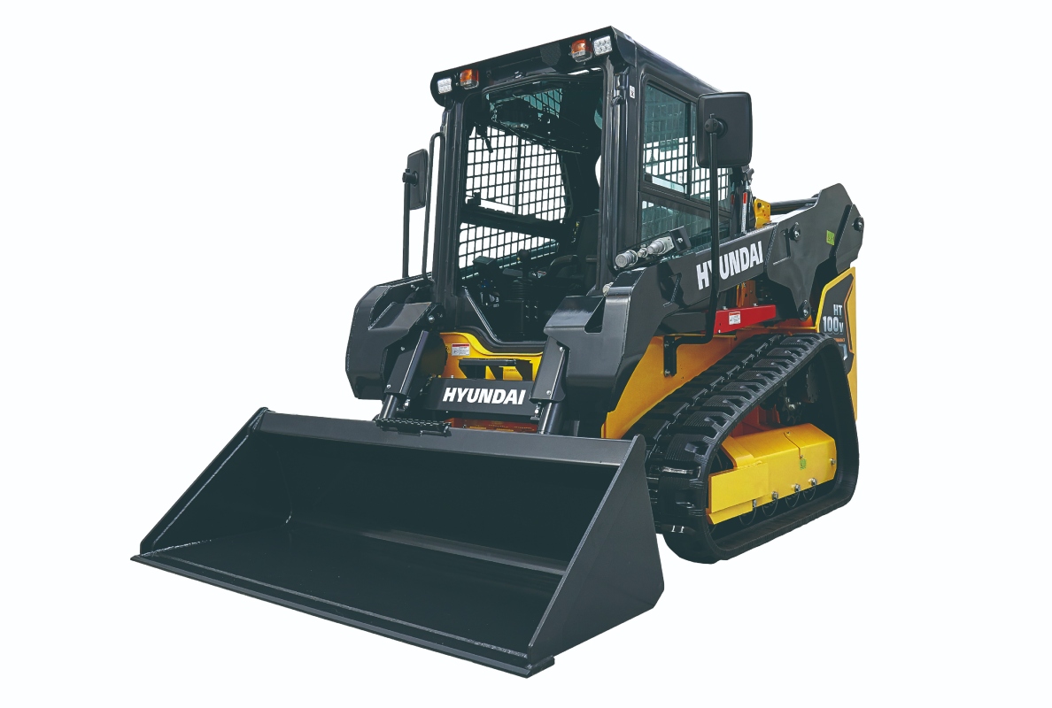 The Hyundai HT100V compact track loader has a rated operating capacity of 2,300 pounds (1,220 kg), and its heaped bucket capacity is 0.58 yd3 (0.44 m3).