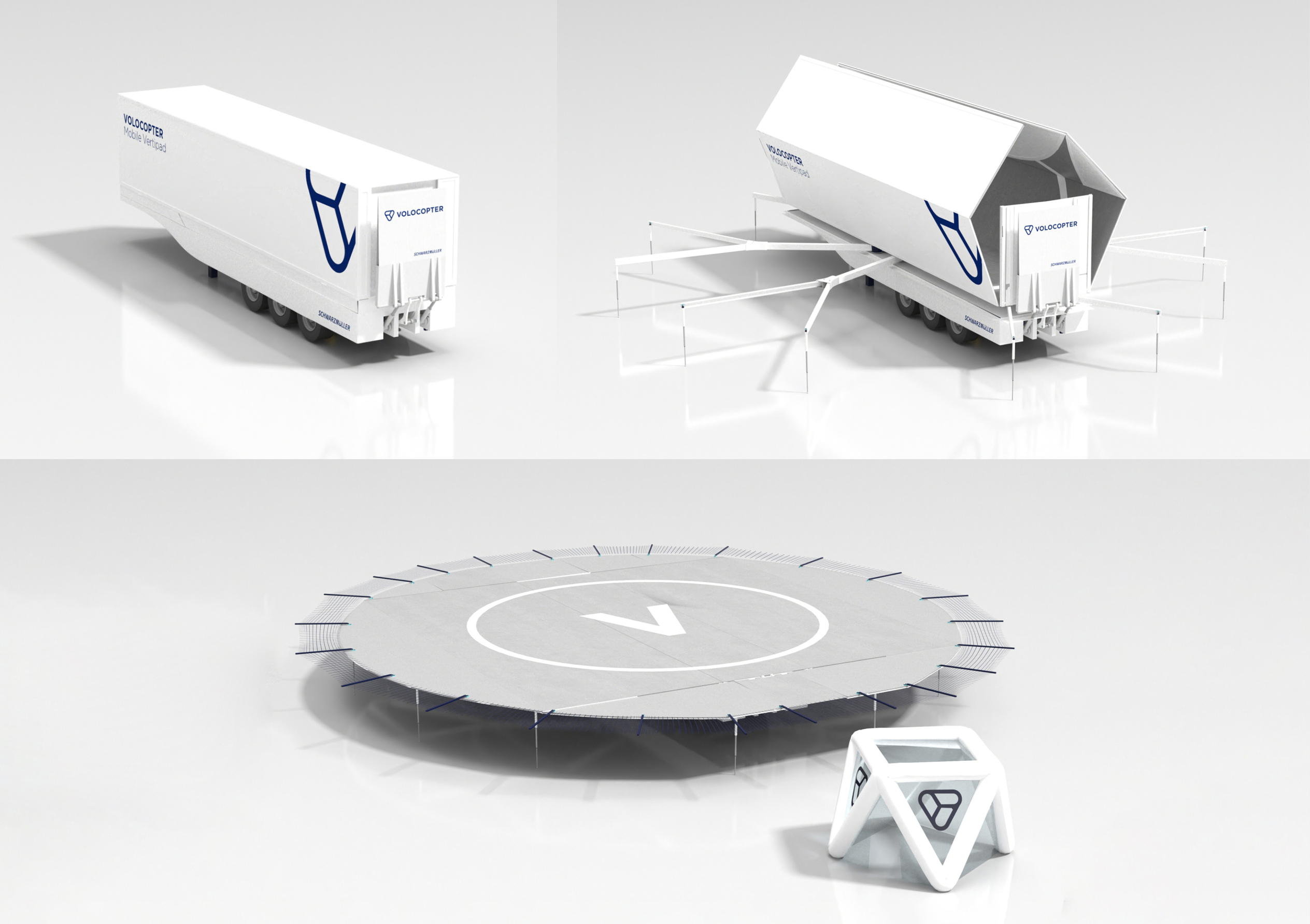 The mechanical prototype from the “Mobile  Vertipad” project study is currently being built.  At the push of a button, the trailer becomes a  flight platform for a cargo drone.