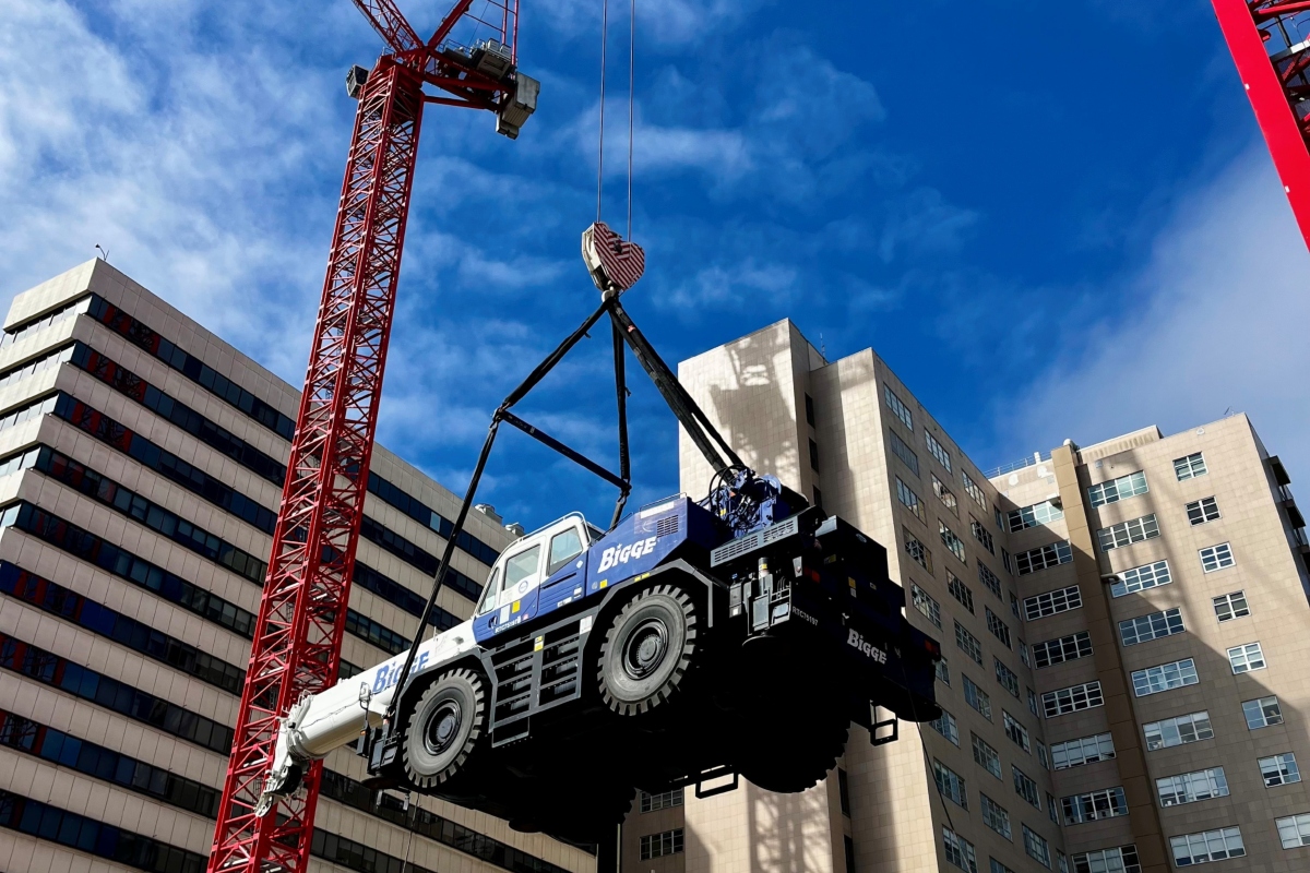 The cranes even lowered a mobile crane weighing approximately 38 tons into the basement level.