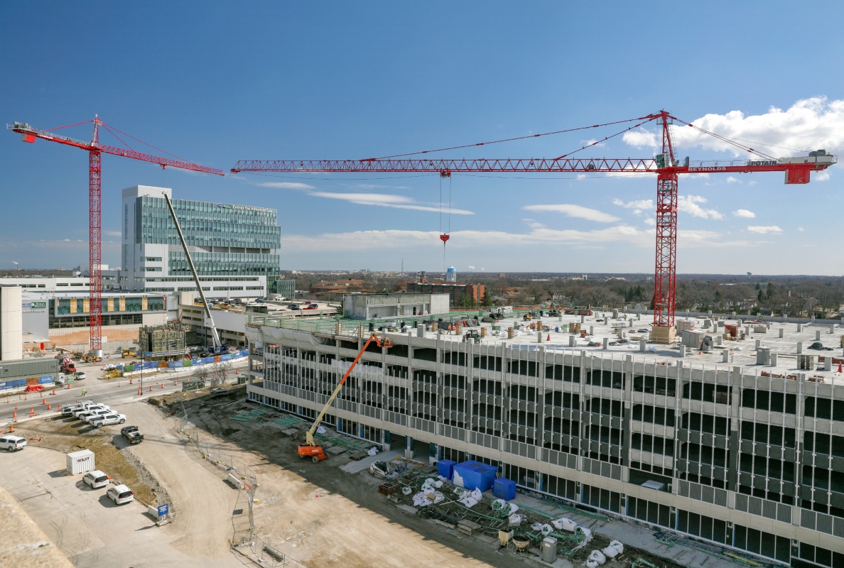 Two scopes, two cranes, one campus: Potain tower cranes support major hospital-campus build in Milwaukee
