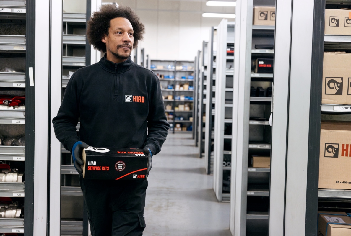 Hiab warehouse worker with spare parts