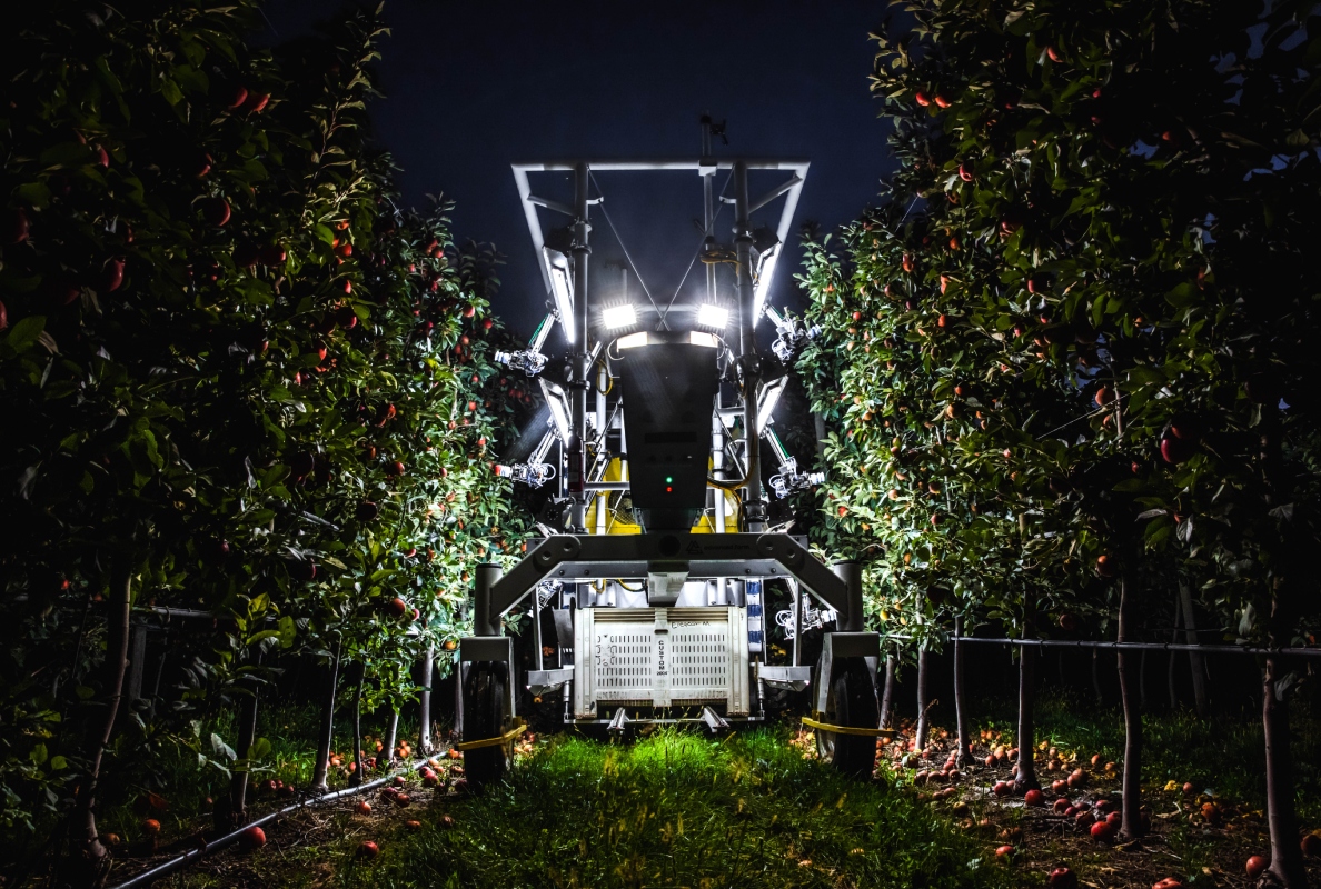 The advanced farm BetterPick robotic harvester picks fruit at night.