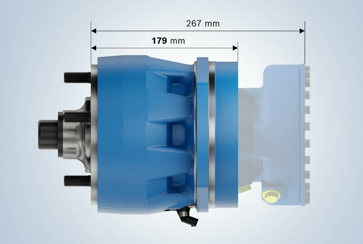 High power density: The new Rexroth MPR Performance radial piston motor is around 30 % shorter than the Rexroth MCR3 and achieves a higher overall efficiency.