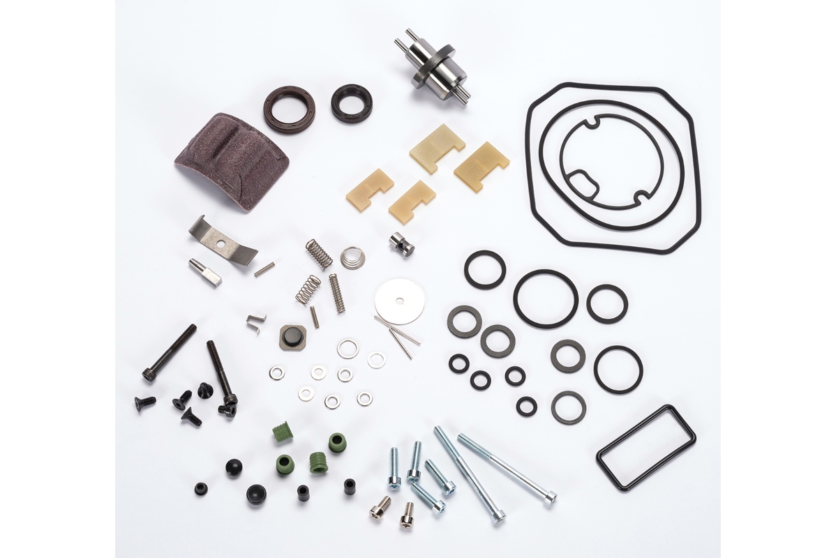 Typical spare parts kit for an oil-sealed rotary vane pump.