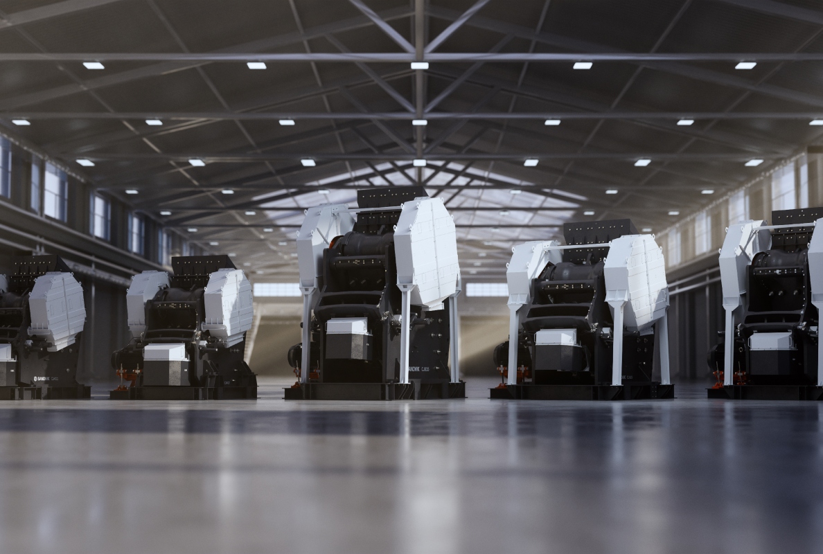 Sandvik jaw crushers line up in warehouse