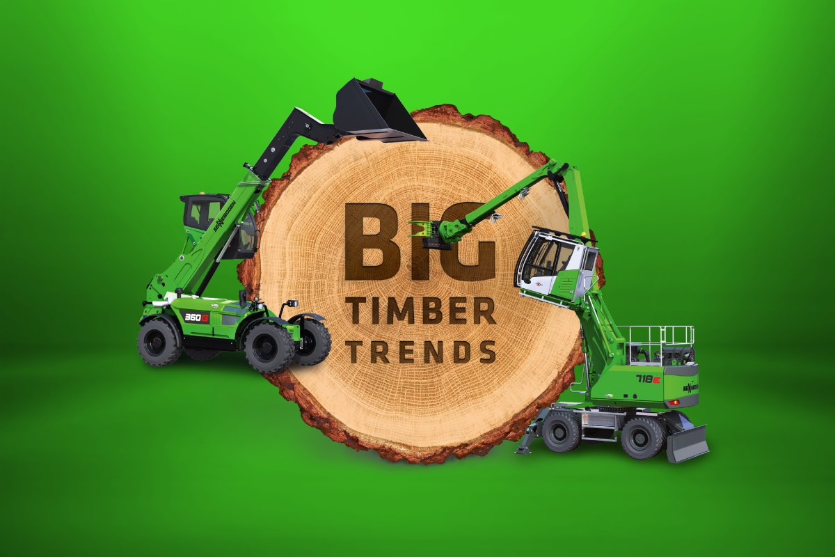 The event graphic announces SENNEBOGEN at INTERFORST 2026 and highlights solutions for log handling and forestry.