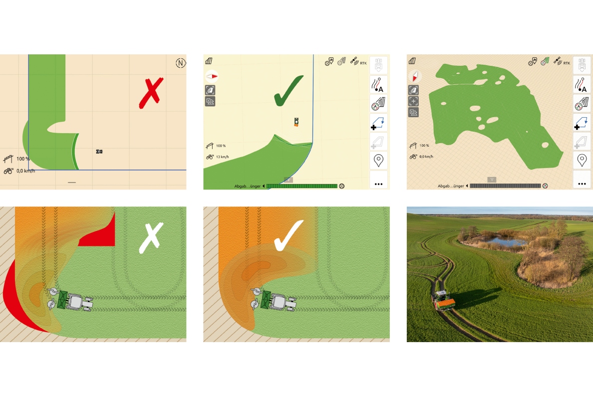 Optimum fertiliser distribution around bends: In addition to optimising fertiliser distribution, uniform map coverage is also ensured in conjunction with AmaTron 4.
