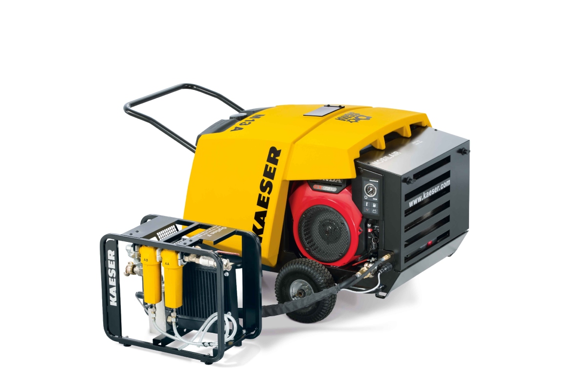 Practical carrying frame with compressed air aftercooler and microfilter combination for technically oil-free compressed air.