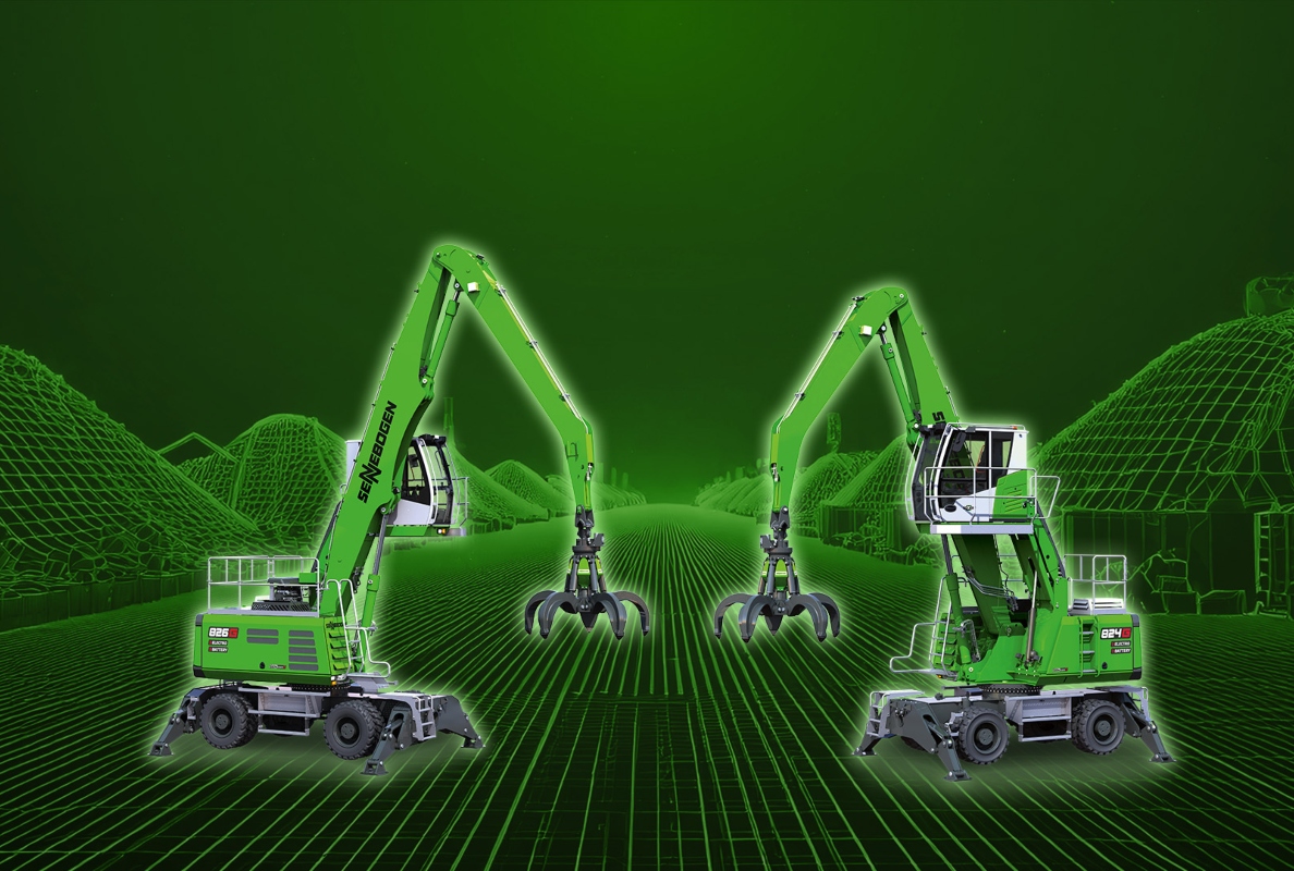 The new battery-powered electric machines of the SENNEBOGEN G-Series, 824 G Electro Battery and 826 G Electro Battery, enable CO2 emission-free recycling handling and can be flexibly equipped with 1 to 4 battery packs.