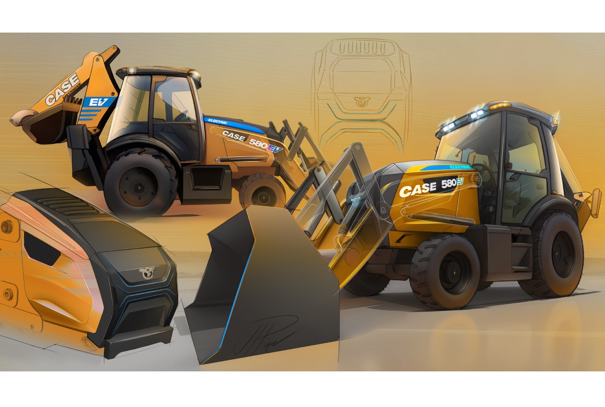 A sketch showing the CASE 500EV Electric Backhoe Loader from two angles.