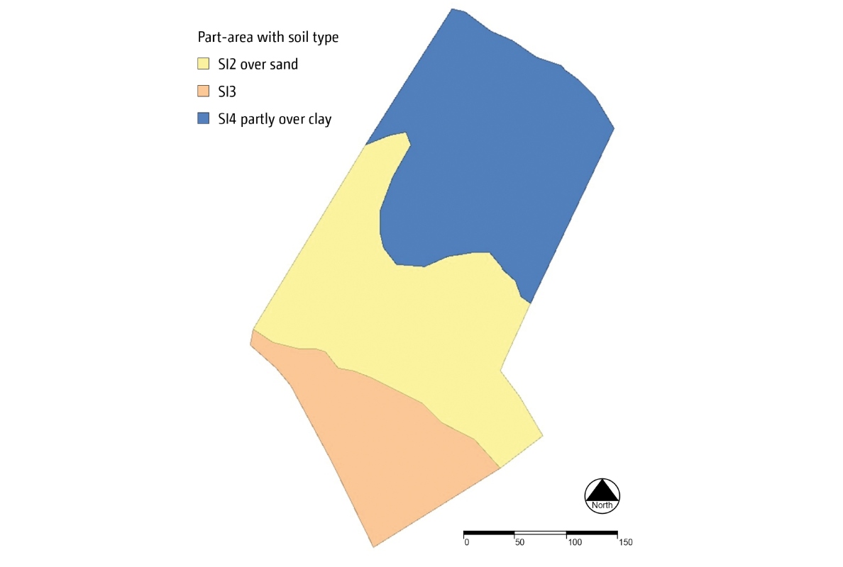 Visualisation of the part-area, site-specific soil type after data fusion.