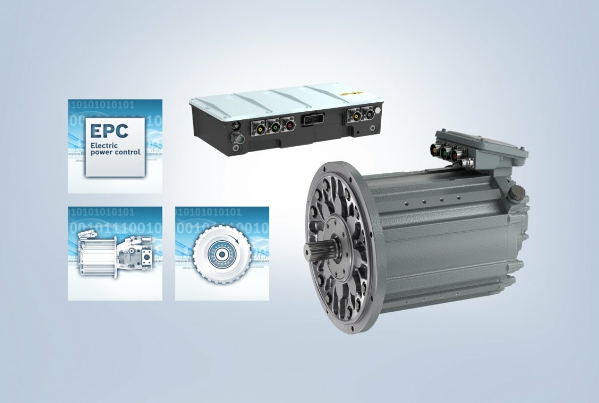 The Rexroth eLION software portfolio with the modules Electric power control EPC, EDA and Pump drive control PDC and the new high-voltage motor series EMP1 with significantly increased power density.