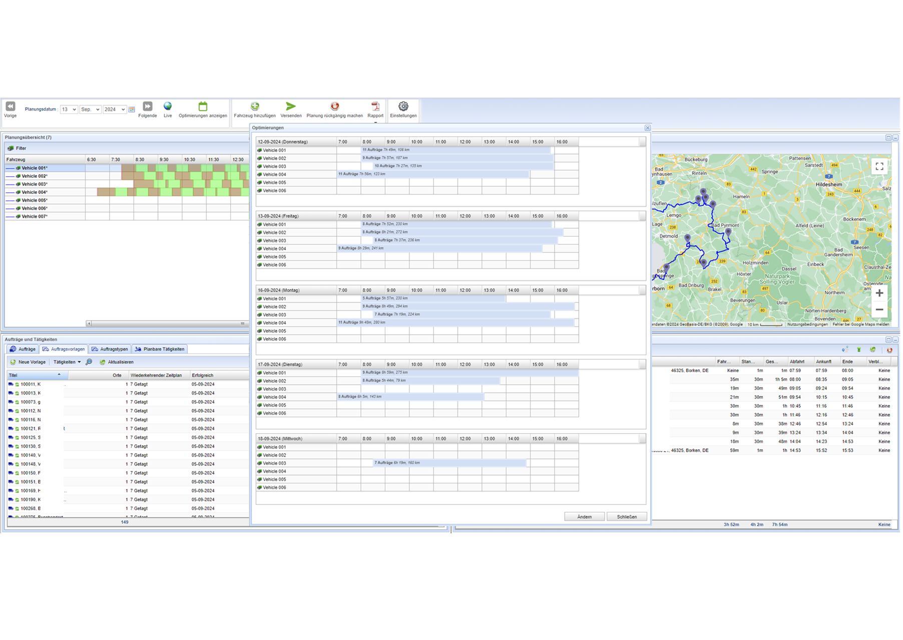 Digital PlanBoard with AI tour optimization. Detailed overviews with kilometers, time spent, activities and stops.