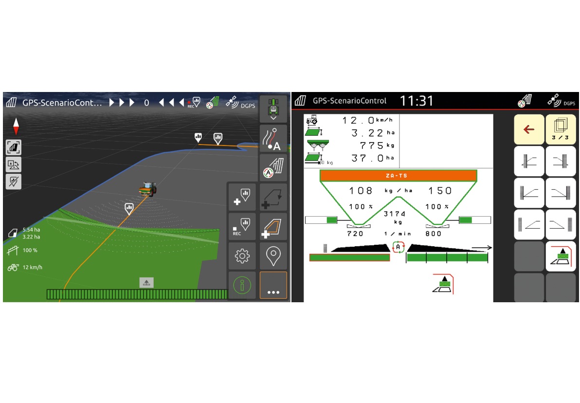 Record the scenario: georeferenced application of the HeadlandControl function.  Left: Machine control view on the AmaTron 4. Right: GPS ScenarioControl view on the AmaTron Twin app.