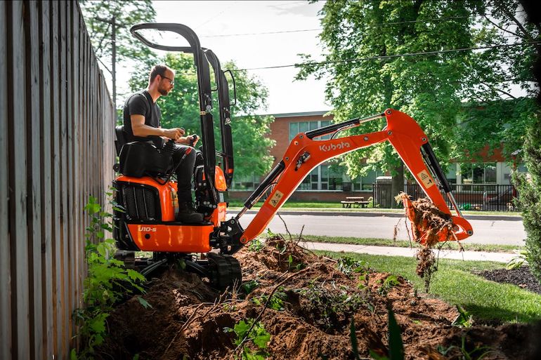 Caption: Kubota announced the K008-5 conventional tail swing and the all-new U10-5 (pictured) minimal tail swing compact excavators, available at dealerships this spring.