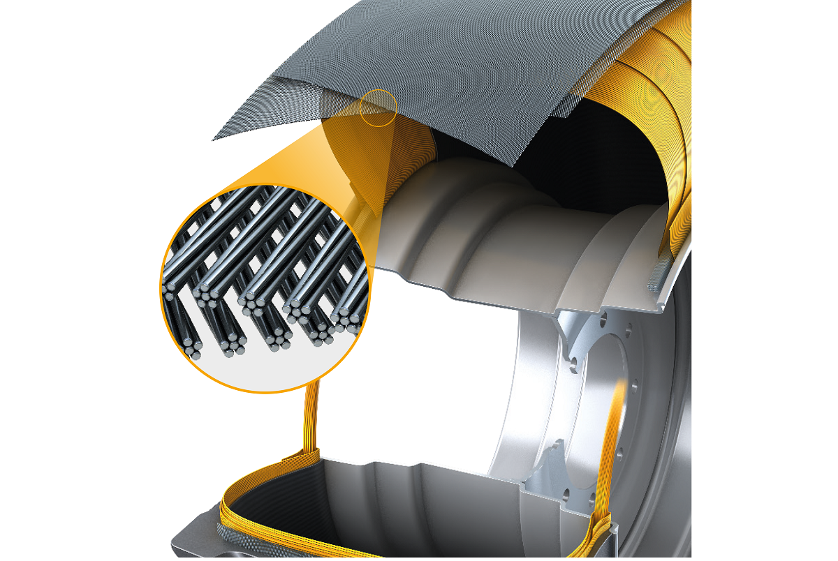 The new twisted steel belt construction provides greater lateral stiffness and protects against foreign object damage. <br> Image source: Continental AG