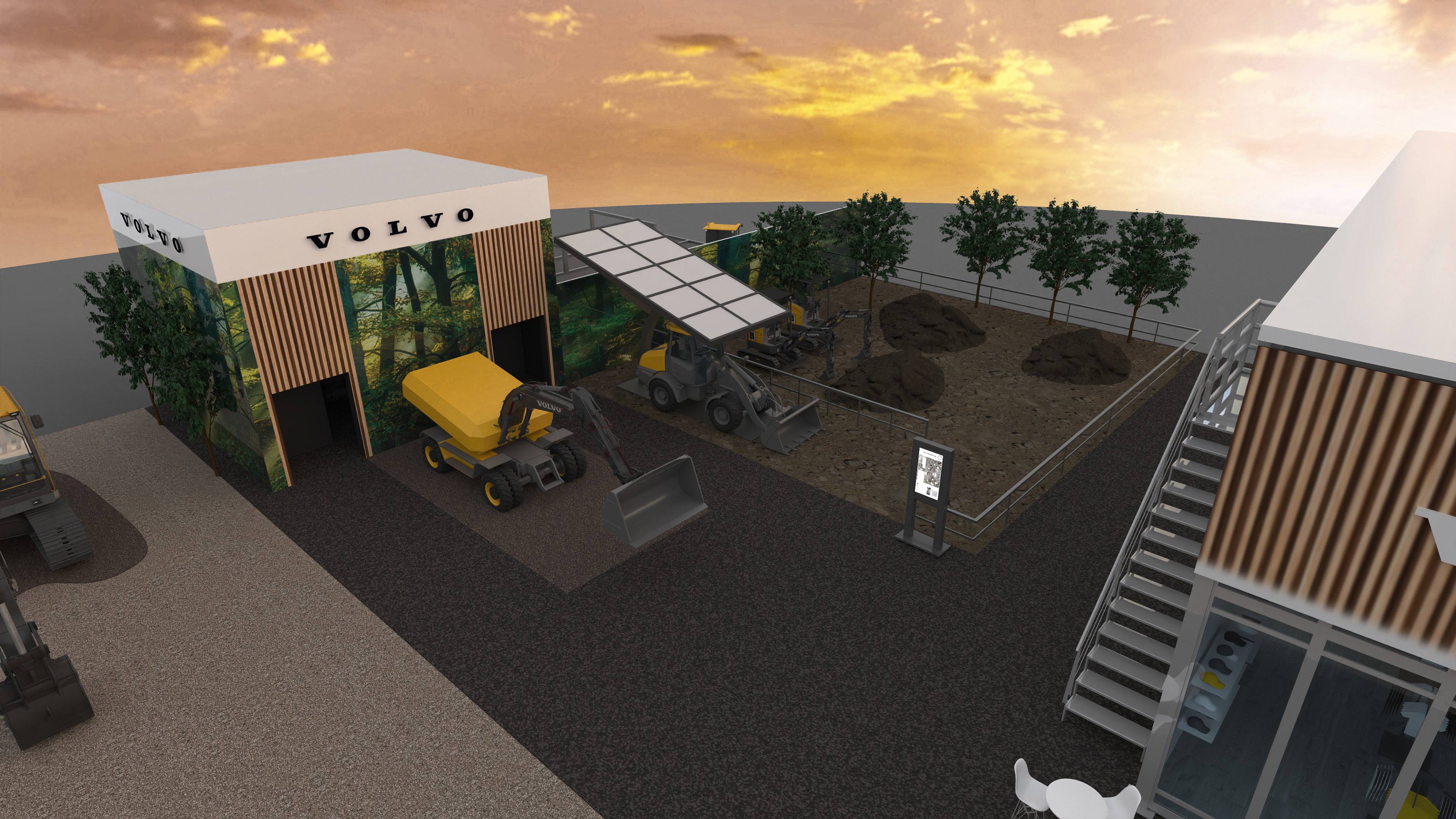 A draft rendering of the electric area of the Volvo CE CONEXPO-CON/AGG 2023 booth.