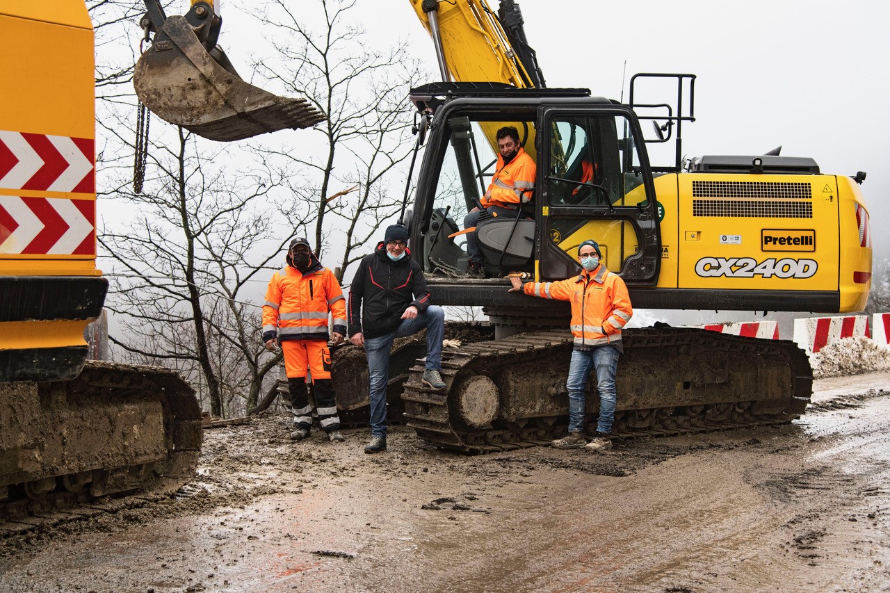 Two CASE excavators work to rebuild and strengthen a site in the aftermath of a landslide at Bocca Trabaria <br> Image source: Copestone on behalf of CASE Construction Equipment