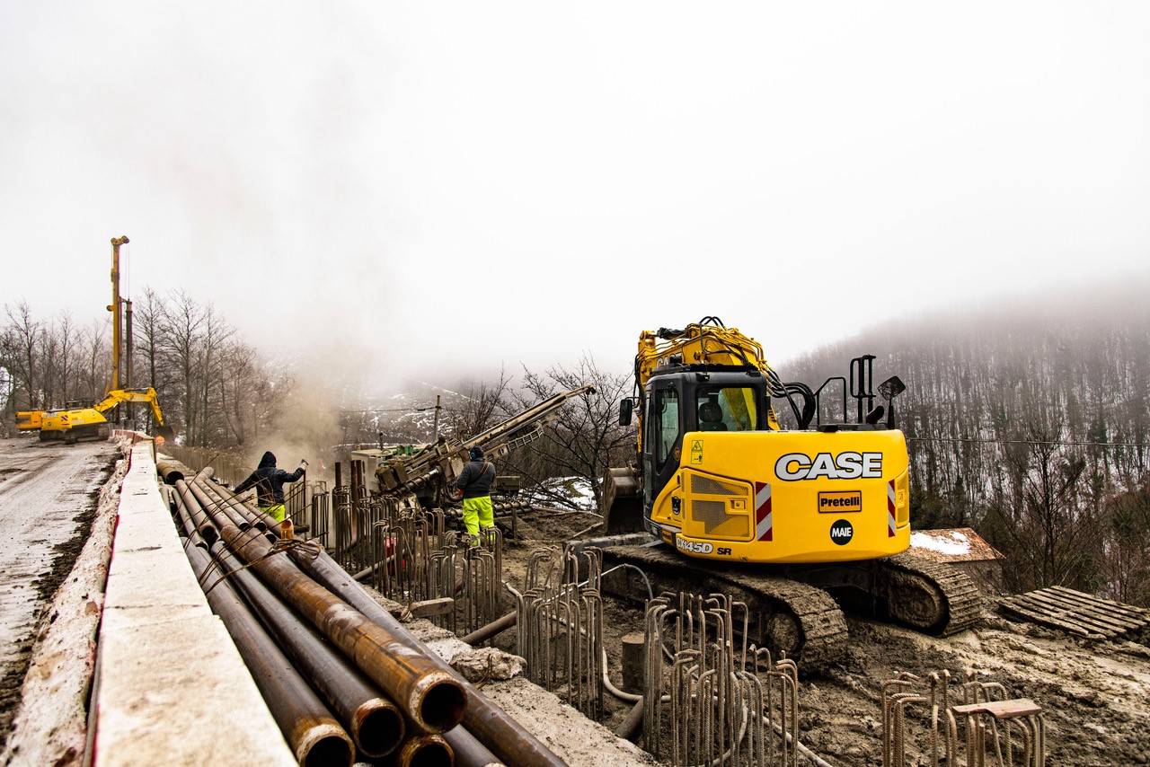 Two CASE excavators work to rebuild and strengthen a site in the aftermath of a landslide at Bocca Trabaria <br> Image source: Copestone on behalf of CASE Construction Equipment