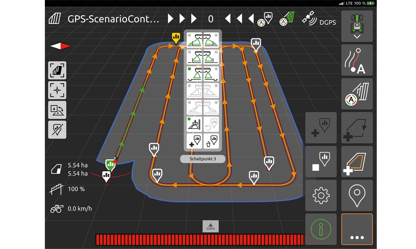 Field with complete route planning and saved, georeferenced scenarios. The activated machine functions are stored behind every switch point.