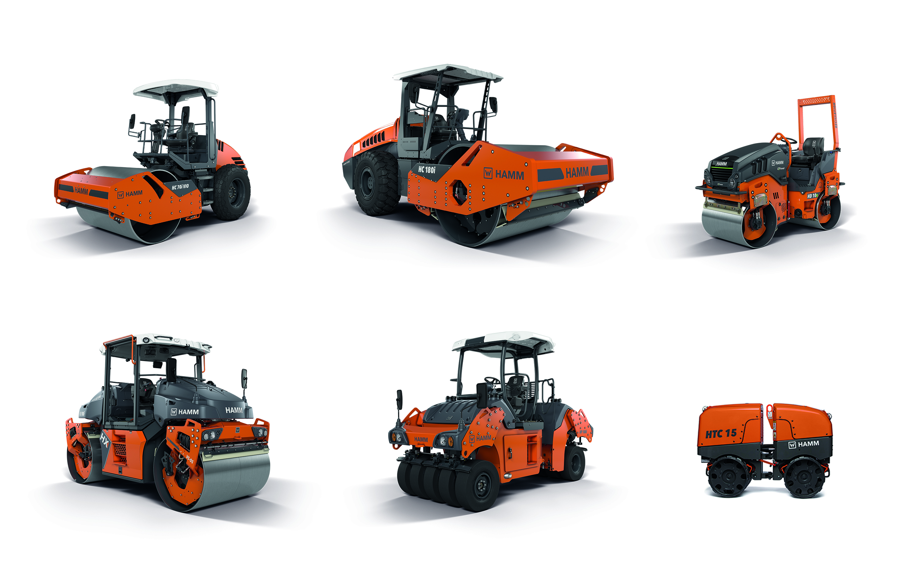 Hamm is presenting numerous new series and models at CONEXPO/CON-AGG 2023: The HC CompactLine series, the HC series, electrically driven compact rollers from the HD CompactLine series, the HX series, the HP 100i articulated pneumatic-tire roller, and the HTC 15 trench roller (from top left to bottom right). They are also presenting a tandem roller from the HD+ series with two VIO drums.