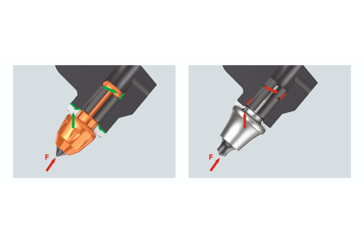Comparison between a GENERATION C² round-shank pick (left) and a conventional pick (right).
