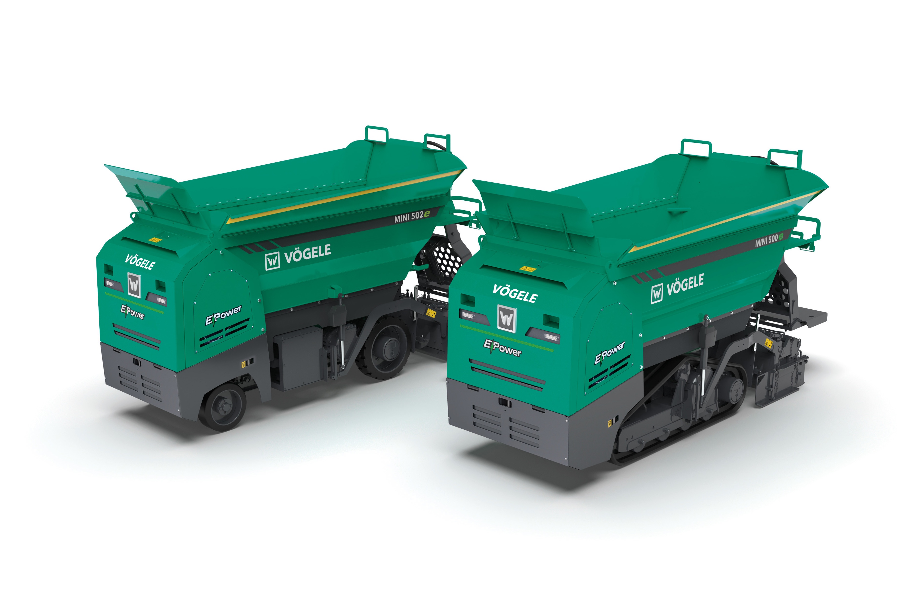The battery-electric Mini Class pavers from Vögele: The MINI 500e and MINI 502e pavers will be available with a choice of two different battery options from June 2025.