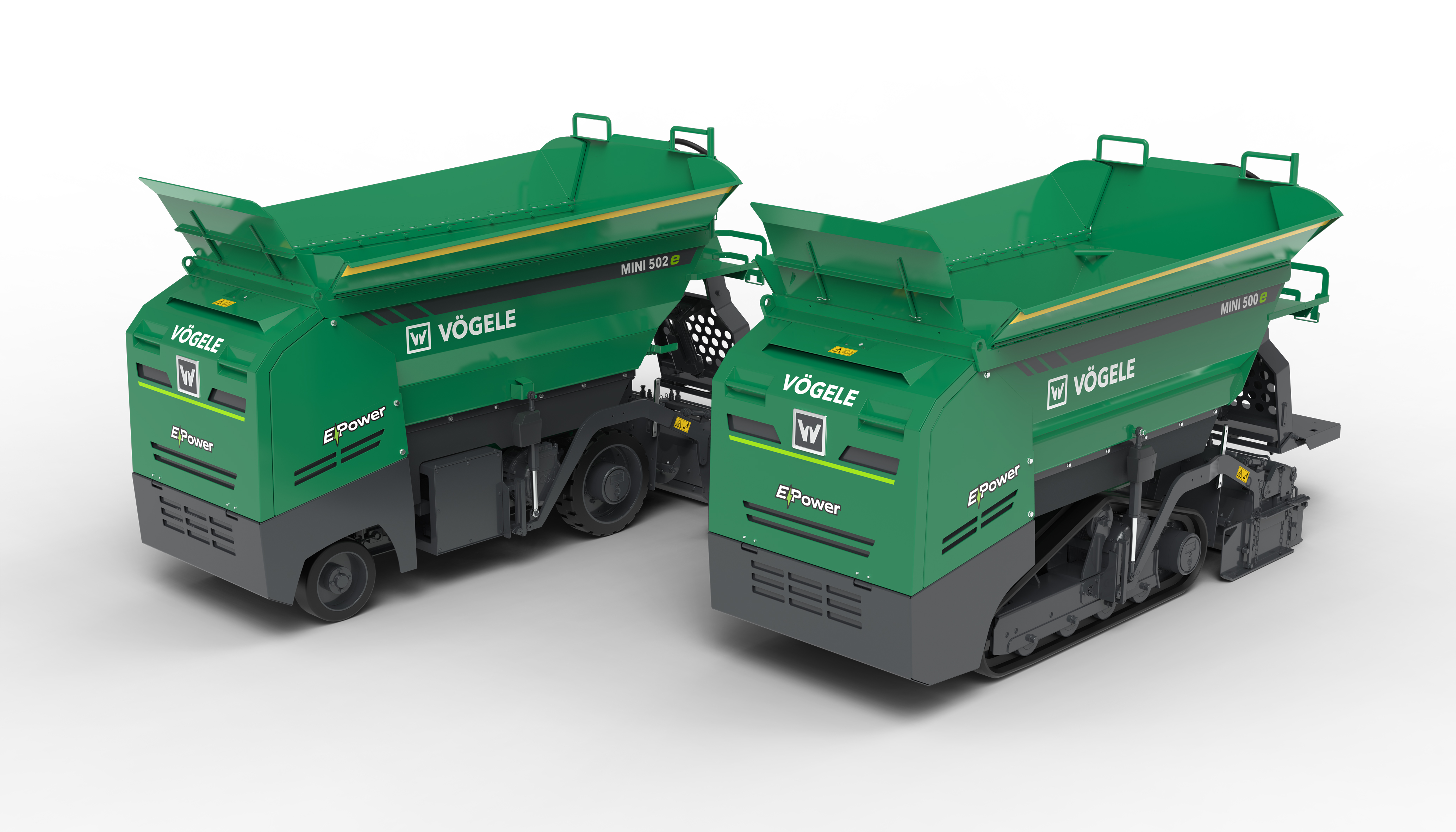 The new Vögele mini road pavers are available as wheeled or tracked pavers with electric or diesel engine drive systems.