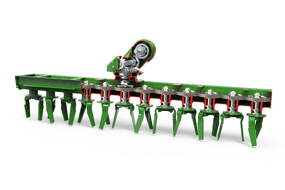 The DirectDrive gearbox dissipates the power flow directly to the spur gears of the tine carriers.