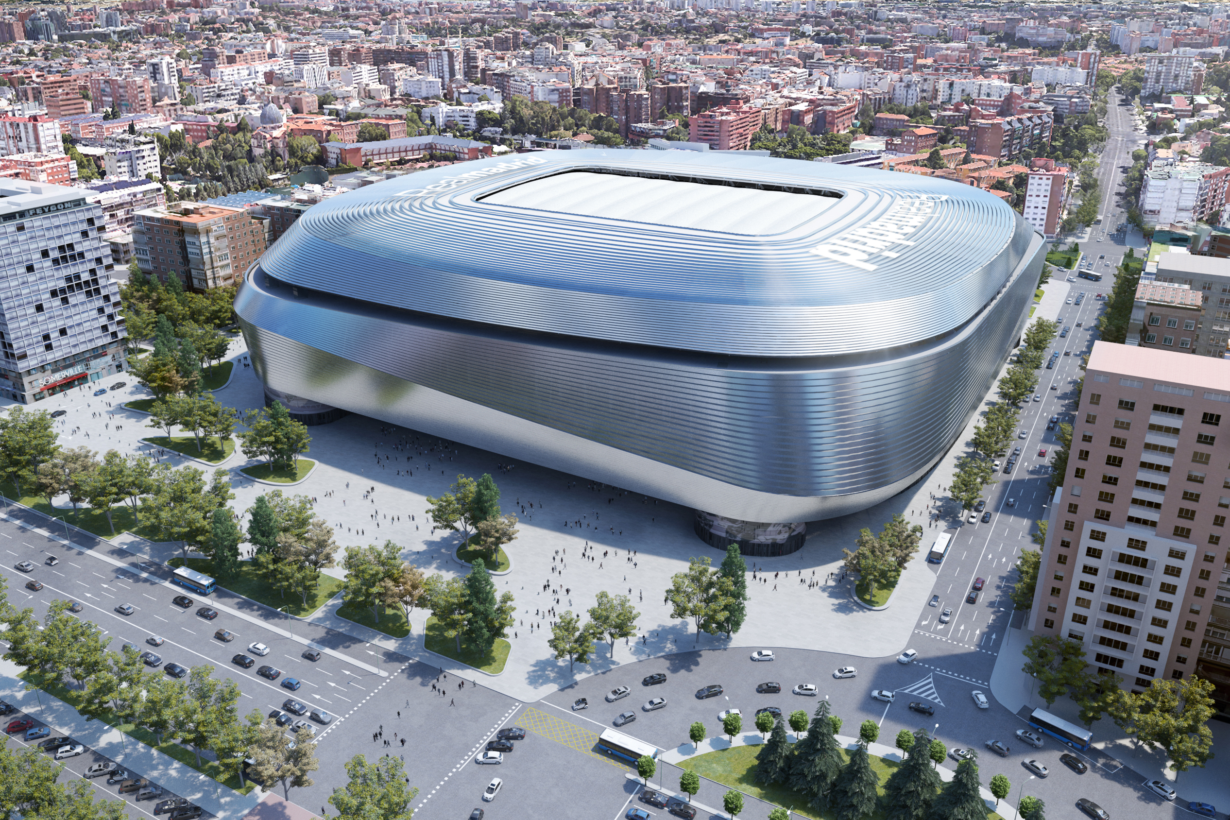 After it has been completed, the Bernabéu will be an ultramodern stadium with a hydraulically adjustable roof structure, lowering hybrid turf and new shopping, business and leisure facilities.