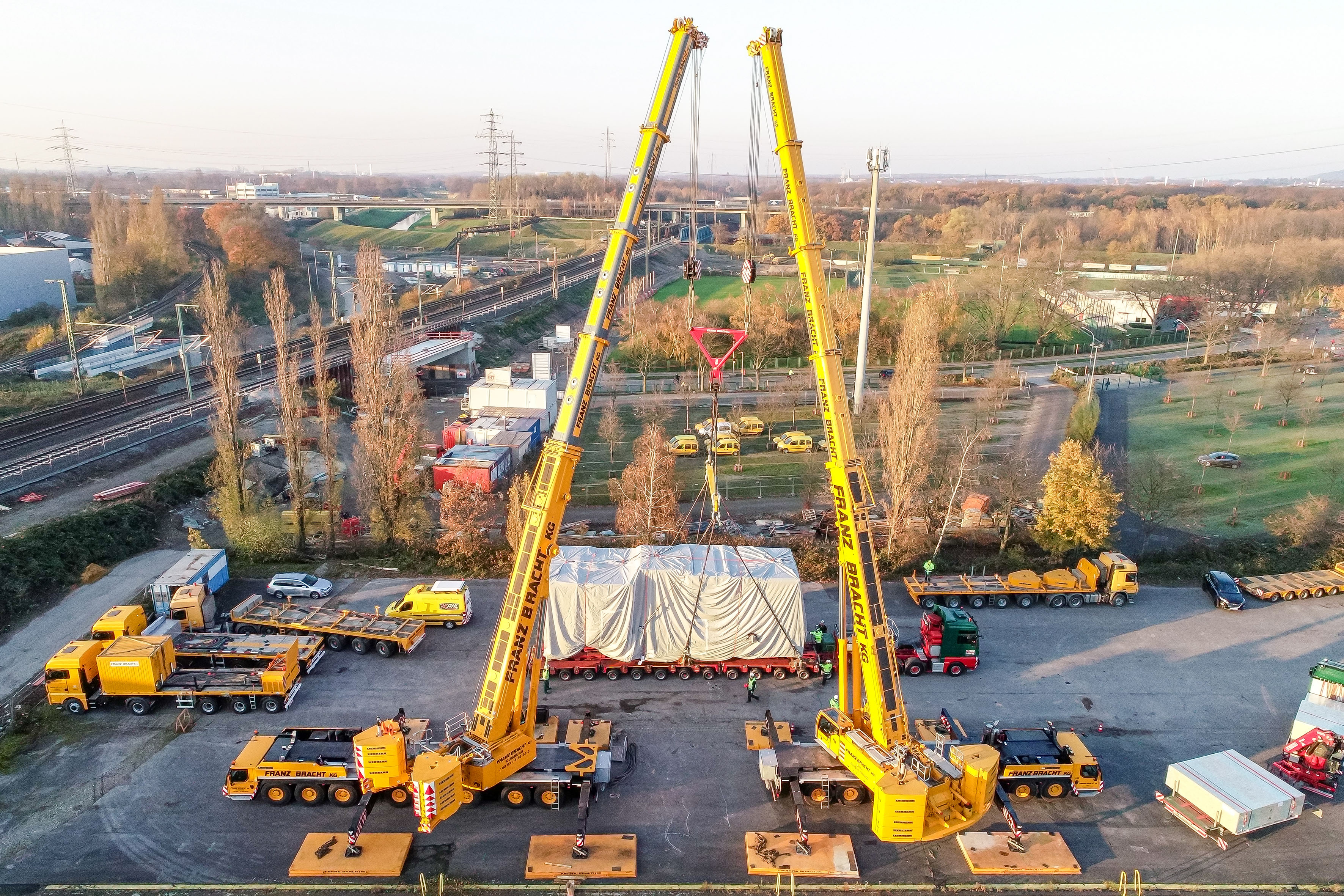 The 110 tonne turbine is positioned on the waiting heavy haulage vehicle.