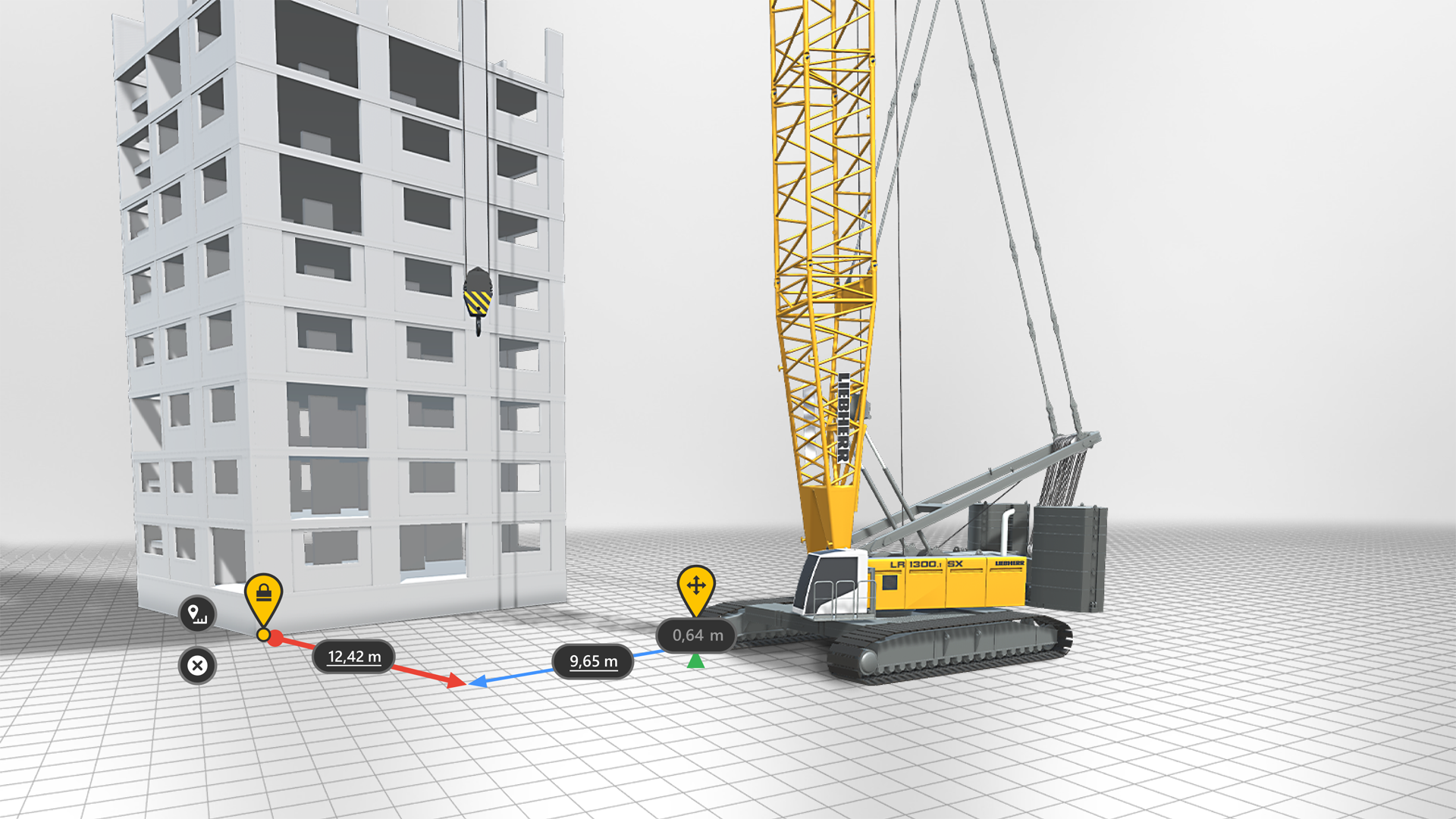 The new distance tool enables objects to be positioned relative to each other with centimetre precision.  <br> Image source: Liebherr-Werk Ehingen GmbH