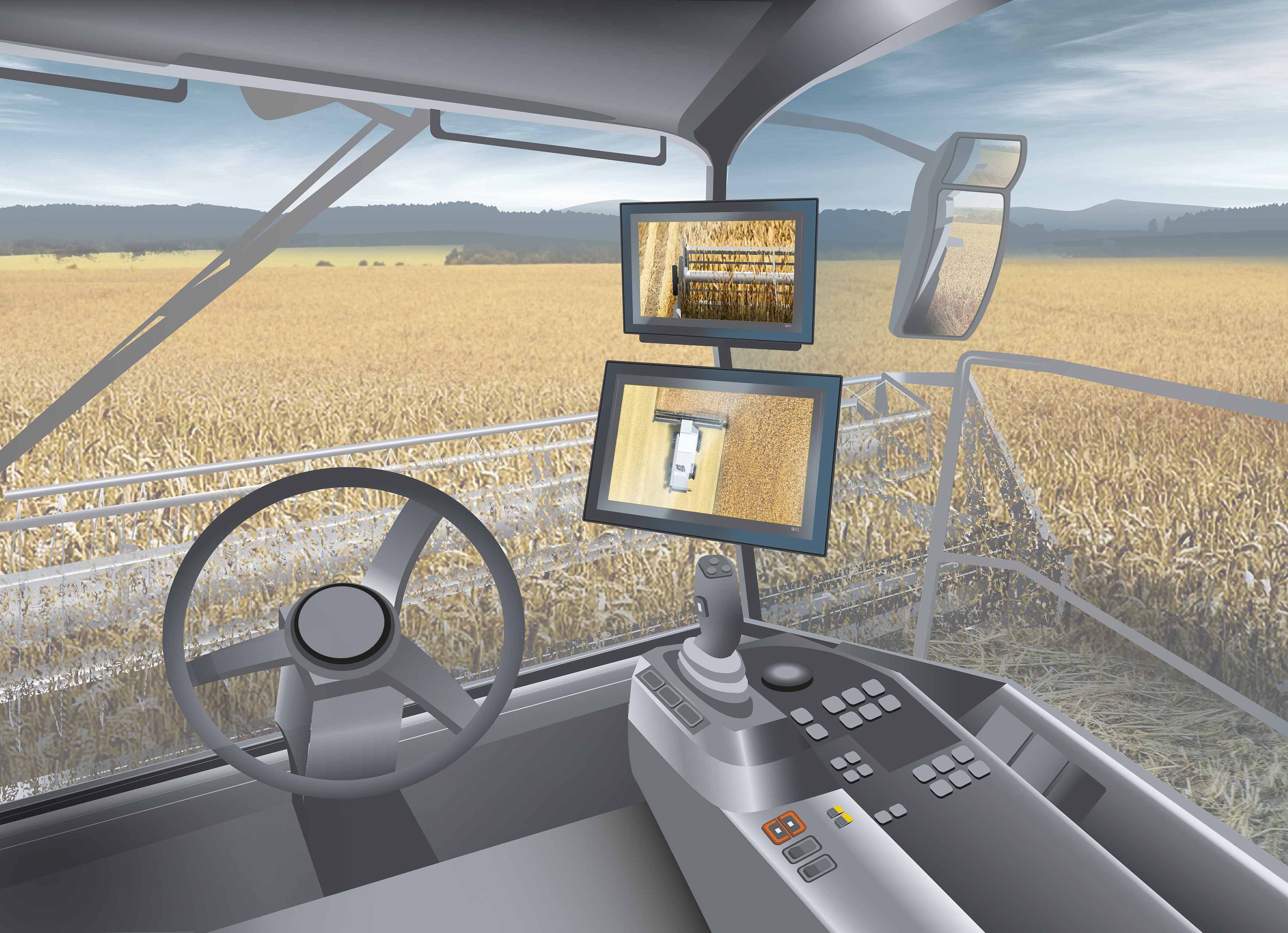 Threshing from a different perspective: The new generation of cameras and displays take the image quality and performance of Liebherr's 360° surround view system to the next level.