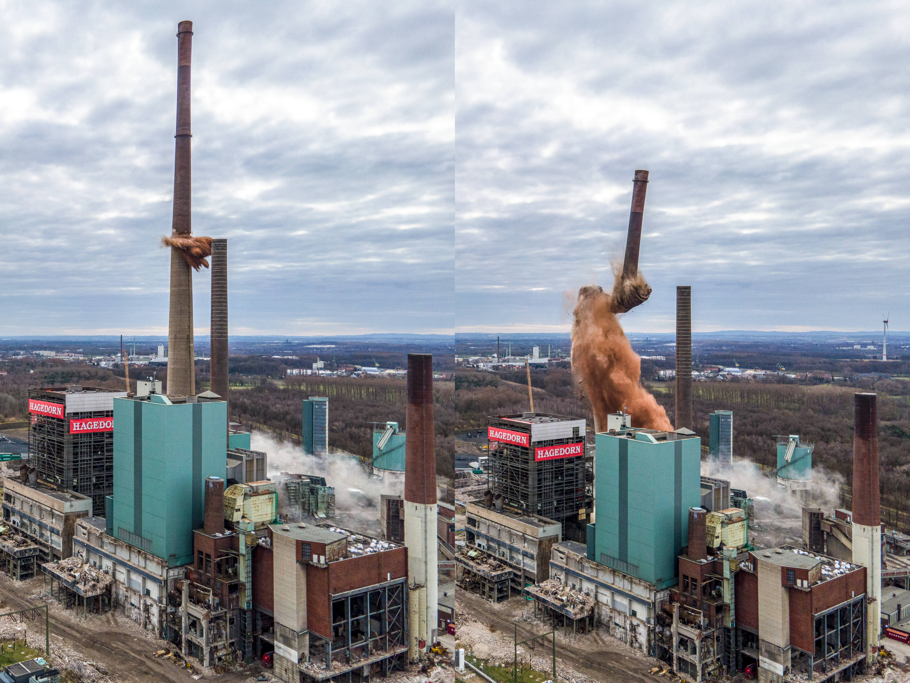 The end of a giant chimney – the flue on the former lignite power station in Lünen was 250 metres high. This imposing landmark in the Ruhr region has recently vanished. <br> Image source: Hagedorn Management GmbH