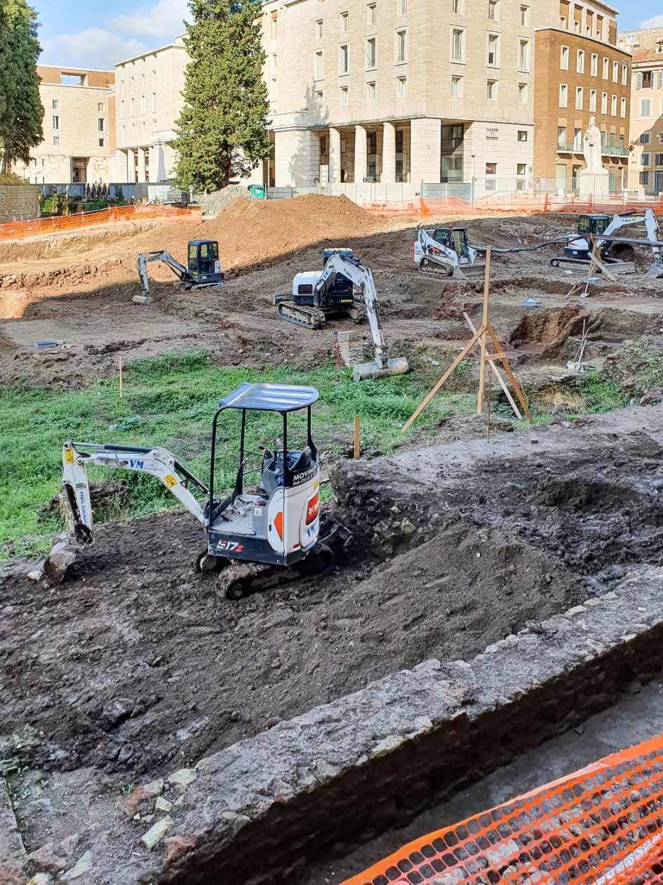 A Team of Five Bobcat Machines at Work on Archaeological Excavations at the Mausoleum of Augustus in Rome