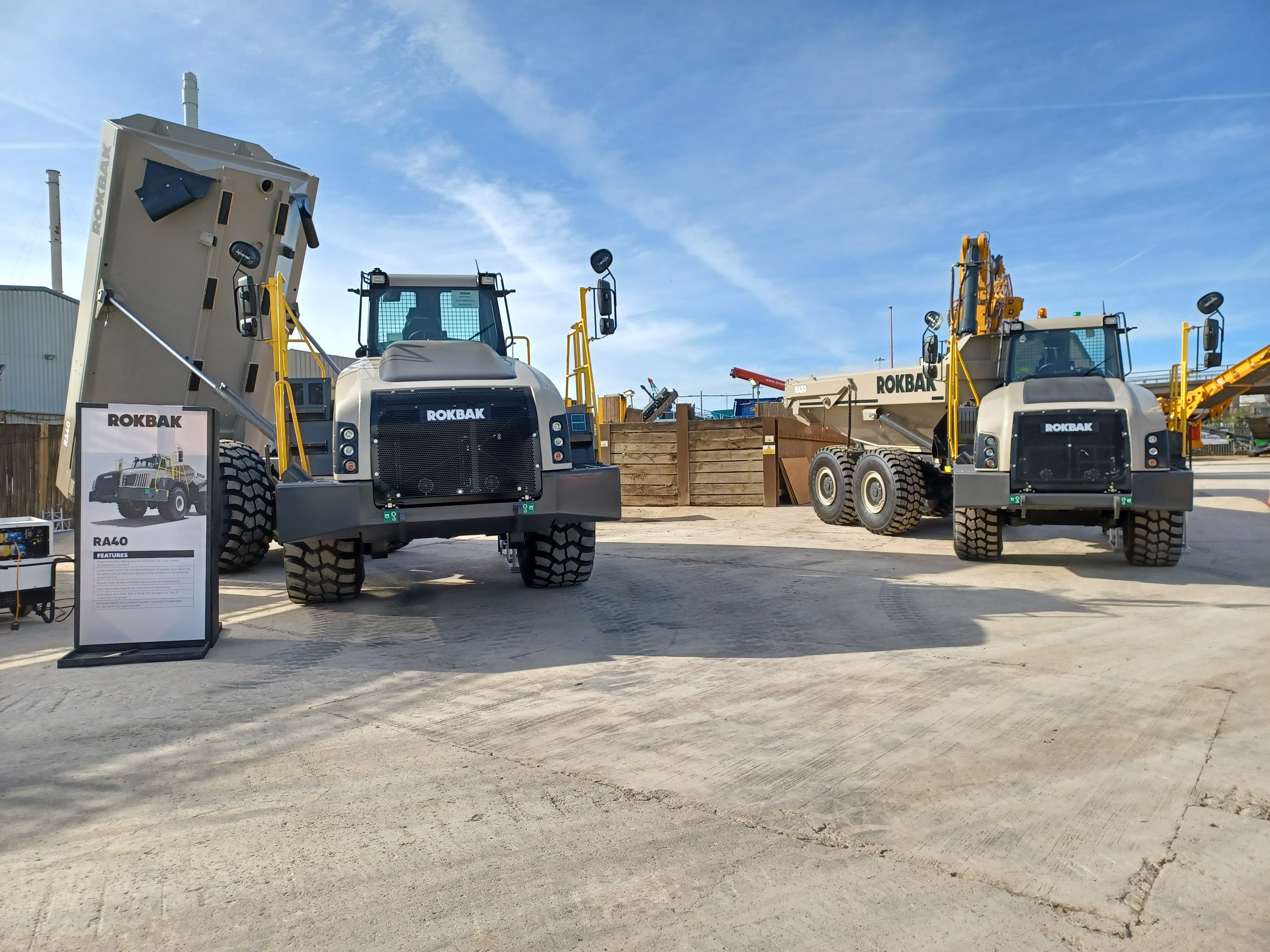 The Rokbak RA40 and RA30 articulated haulers on display in the Molson Group yard. <br> Image source: Rokbak