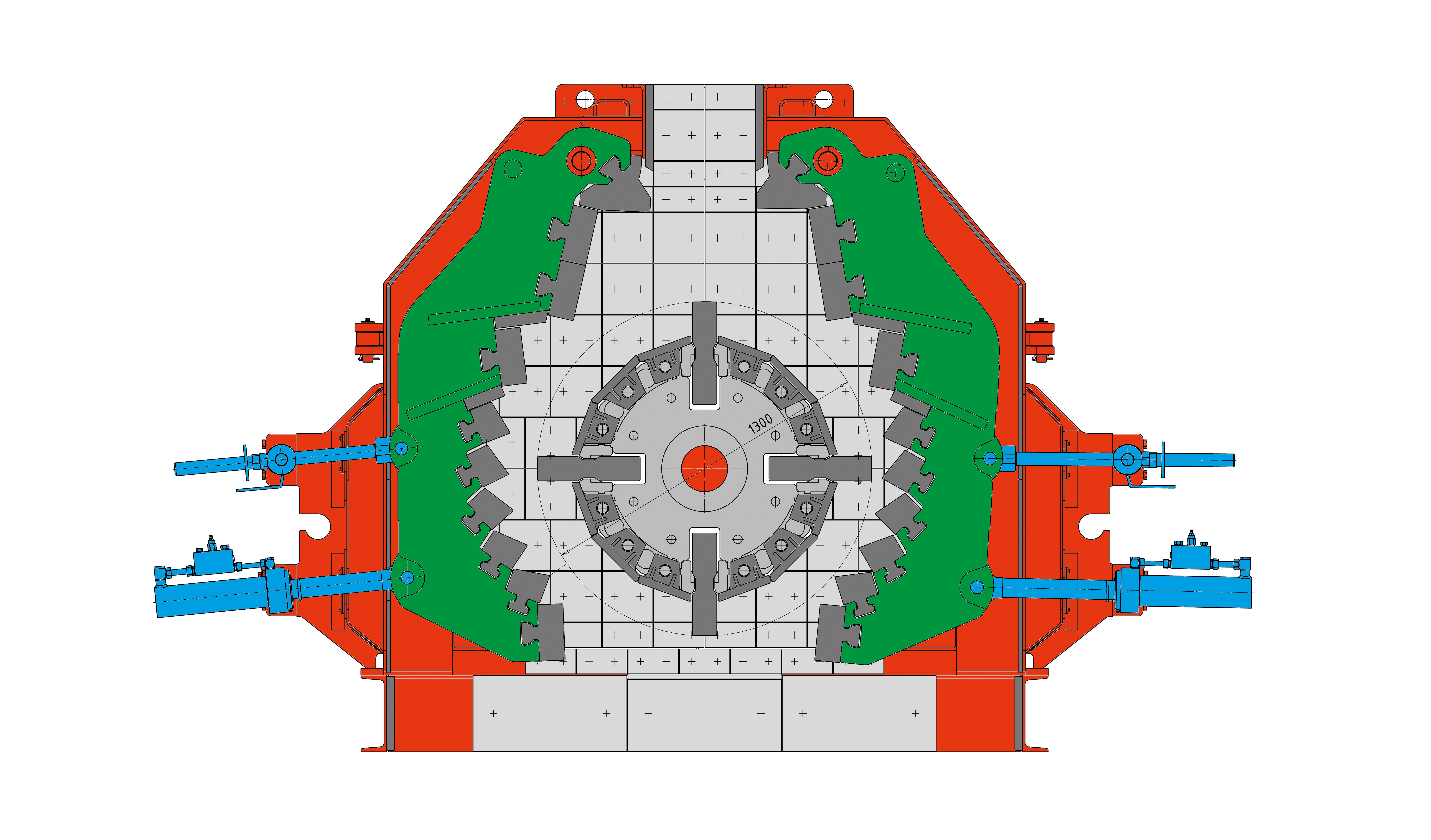 The sectional view shows the cascade arrangement of the impact elements, which enables a low filler content in the end product.