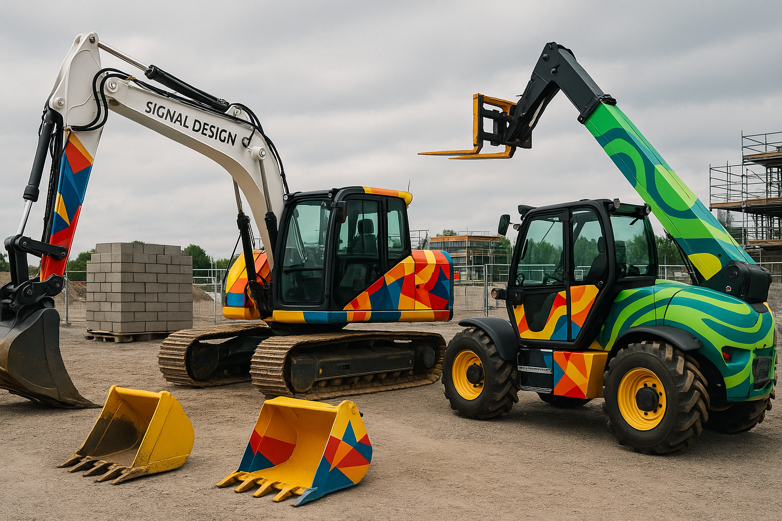 Wheeled excavator and telehandler, boldly wrapped with geometric patterns in bright primary colors, working side by side on an active jobsite. Signal Design’s rugged wrap materials ensure durability and brand consistency in tough environments.