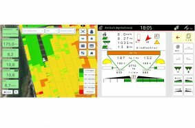 FieldView Cab App visualizing rate per side (left) as applied by the Amazone ZA-TS and shown on the AmaTron4 (right)