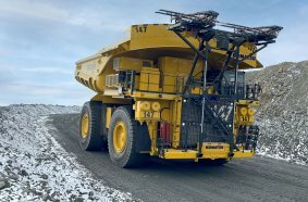 A Komatsu 930E diesel trolley PA truck at the Boliden Aitik Mine.