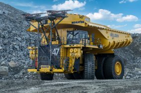 A Komatsu 930E diesel trolley PA truck at the Boliden Aitik Mine.