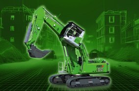 The SENNEBOGEN demolition machine 830 E Demolition Vario Tool is presented at bauma with the new digging boom and a digging bucket.