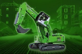The SENNEBOGEN demolition machine 830 E Demolition Vario Tool is presented at bauma with the new digging boom and a digging bucket.